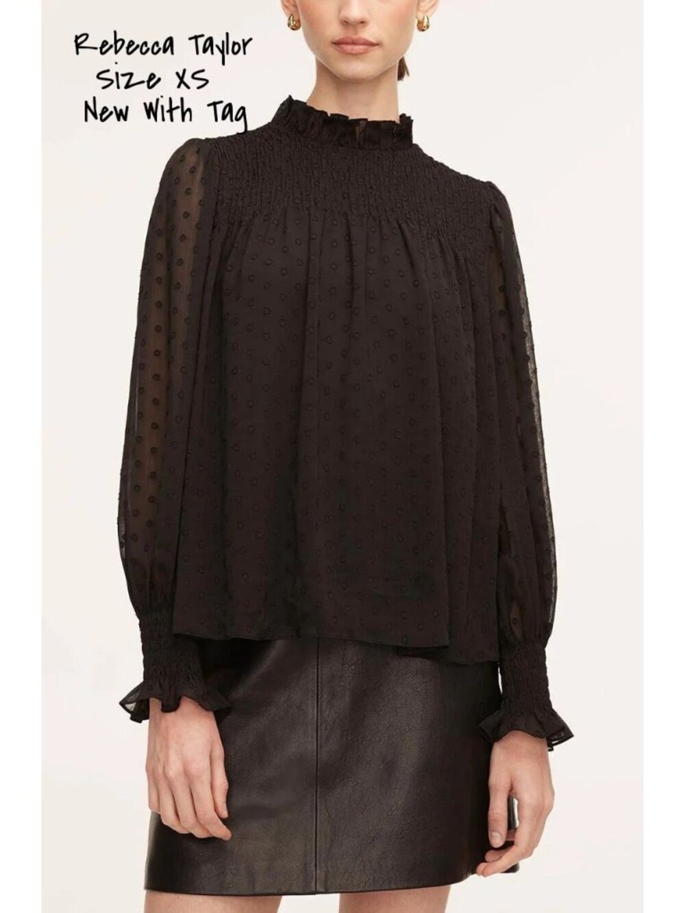 Rebecca Taylor Blouse Mock Neck Top Puff Sleeve Black Size XS New With Tag